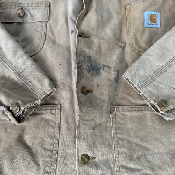 Vintage 90s Carhartt Brown Duck Canvas Red Quilt Lined Barn Chore Coat Jacket - Picture 6 of 7